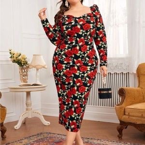 Allover Floral Print Gigot Sleeve Bodycon Dress
